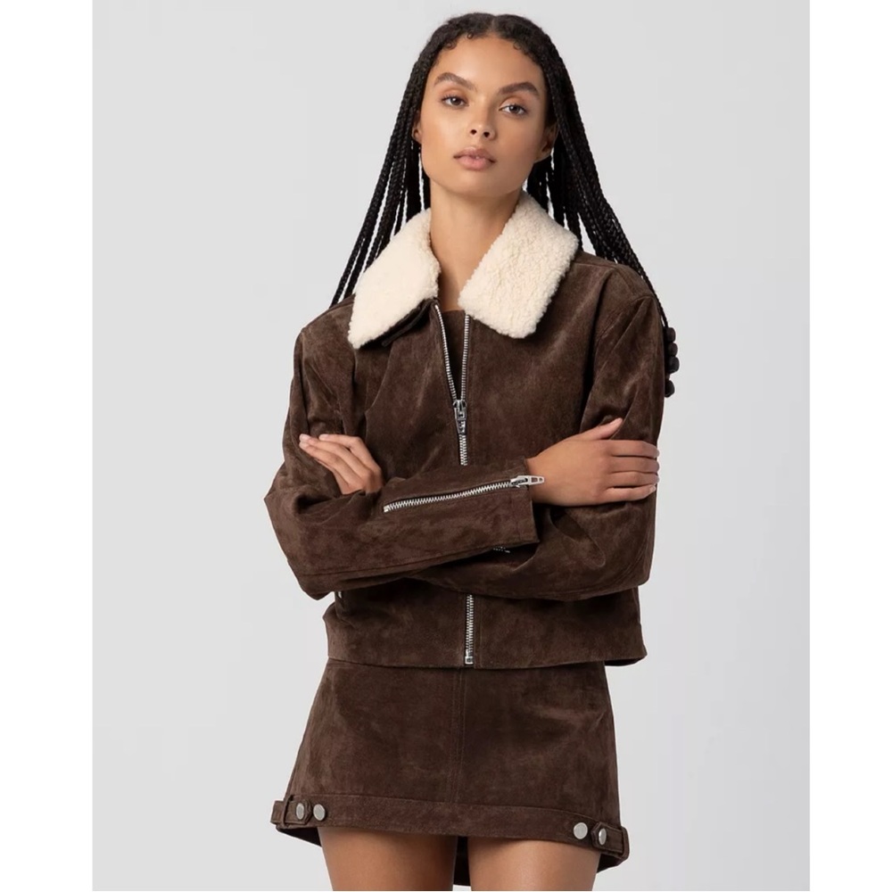 NWT Blank NYC Brown Suede Jacket with Removable Faux Shearling Collars